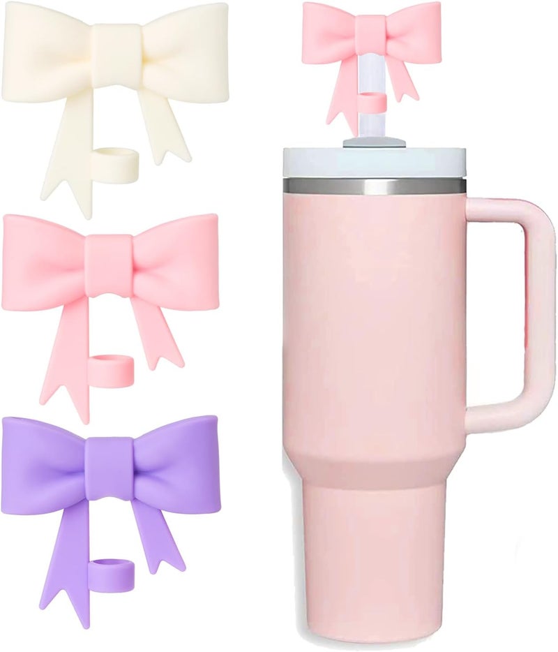 HIUSITY Bow Straw Cover Topper for Stanley Cup,Silicone Straws Toppers for Tumbler with Handle 40oz,Cute 10mm/0.4in Covers Cap,Dust-Proof Reusable Lids for Stanleys Cups Accessories,Pink - Image 1